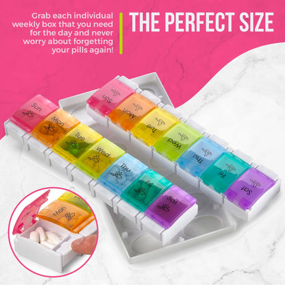 7 Day AM PM Pill Organizer – With Push Button Assisted Open A Daily Travel Pill Box Case Planner And Large Compartments For Medication Vitamins Fish Oil & Supplements, BPA Free – By