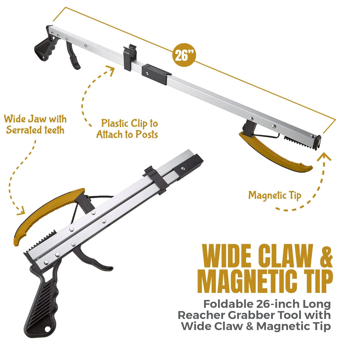 Reacher Grabber Pickup Tool - Wide Claw Arm Gripping Device with Magnetic Tip | Lightweight & Durable | Indoor and Outdoor Extender Reaching Mobility Aid | Trash Picker 26”