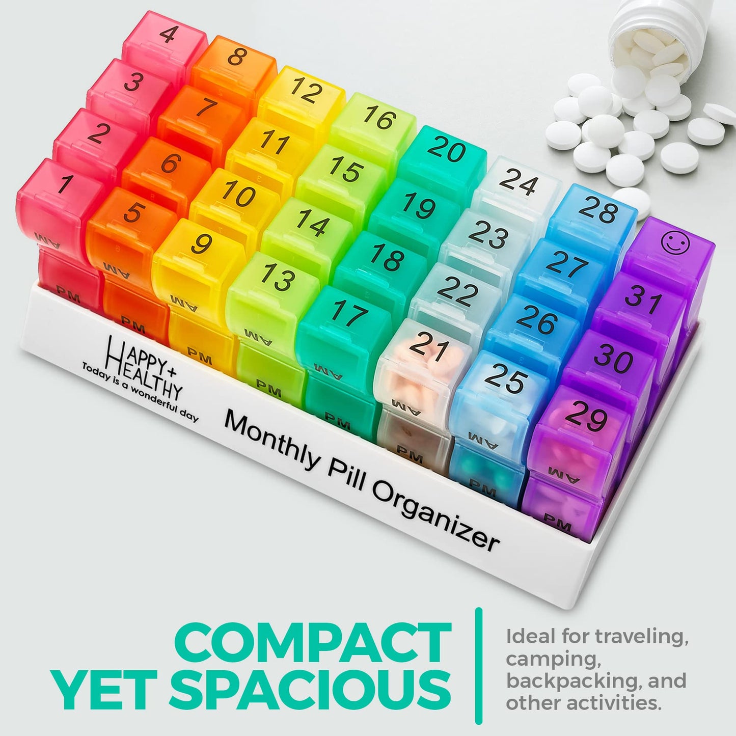 Monthly Pill Organizer - Am/Pm Daily Pill Organizer 32 Compartments for Each Day, Pill Dispenser and Dispenser Caddy that Helps You Organize Your Life, Perfect for Supplements and Medication by