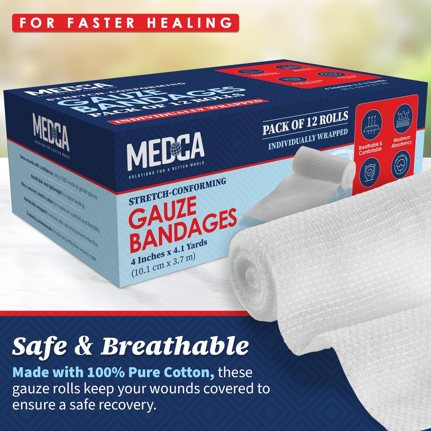 Gauze Bandage Rolls - (12 Pack) 4 in x 4.1 Yards Per Roll of Medical Grade Gauze Bandage and Stretch Bandage Wrapping for Dressing All Types of Wounds and First Aid Kit by, (4-Inch, 12 Pcs)