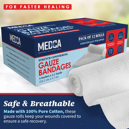 Gauze Bandage Rolls - (12 Pack) 4 in x 4.1 Yards Per Roll of Medical Grade Gauze Bandage and Stretch Bandage Wrapping for Dressing All Types of Wounds and First Aid Kit by, (4-Inch, 12 Pcs)