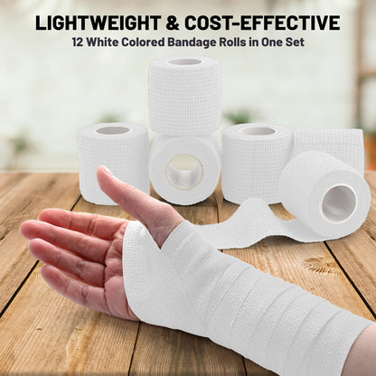 Self Adherent Cohesive Tape - (Pack of 12) 2” x 5 Yards, Self Adhesive Bandage Rolls & Sports Athletic Wrap for Ankle, Wrist, Knee Sprains and Swelling, Vet Wraps in White Color