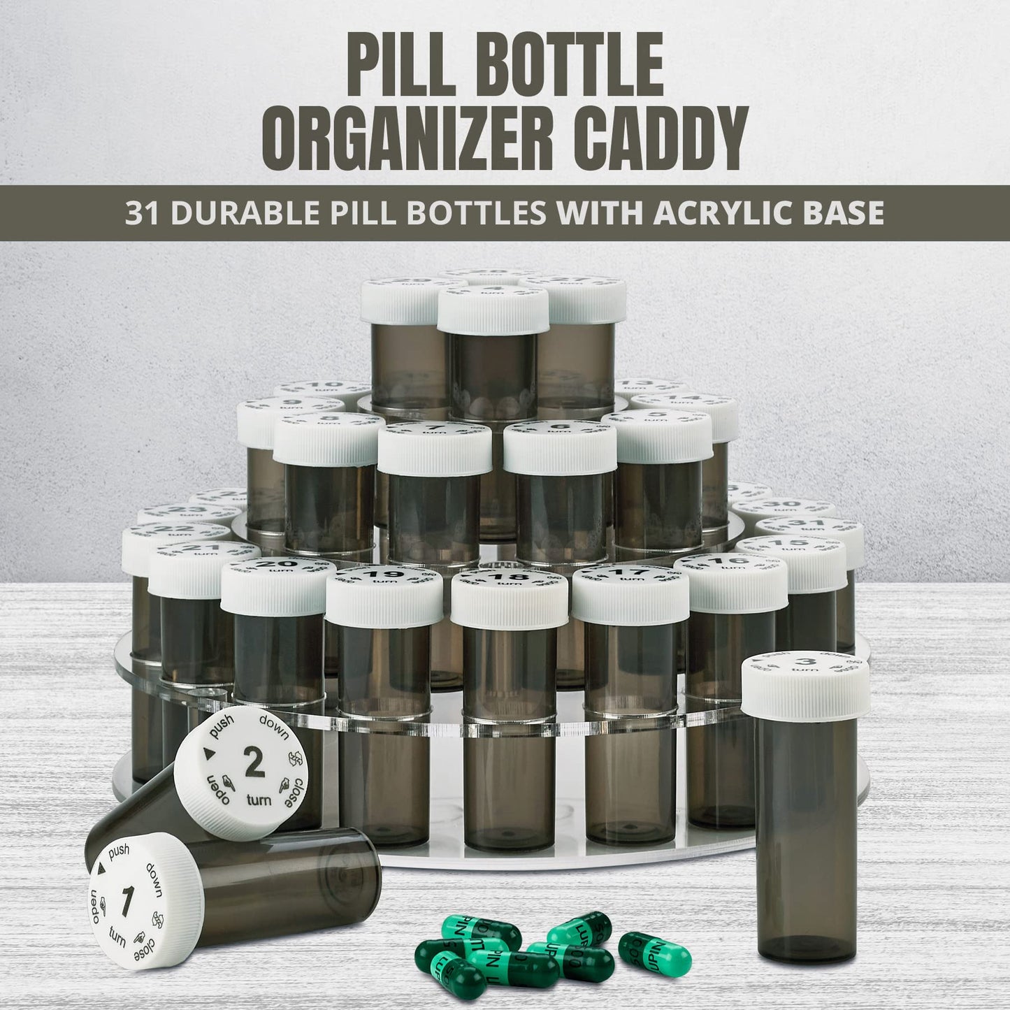 Monthly Pill Bottle Organizer Caddy - 31 Numbered Full-Size Pill Bottles w Child-Proof Lids for Each Day of the Month- Clear Rack and Easy to Use for Daily Dose of Medication Vitamins and Supplements