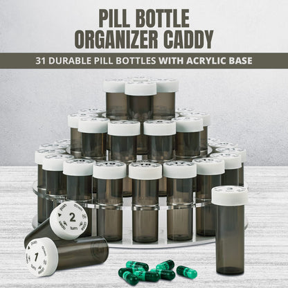 Monthly Pill Bottle Organizer Caddy - 31 Numbered Full-Size Pill Bottles w Child-Proof Lids for Each Day of the Month- Clear Rack and Easy to Use for Daily Dose of Medication Vitamins and Supplements
