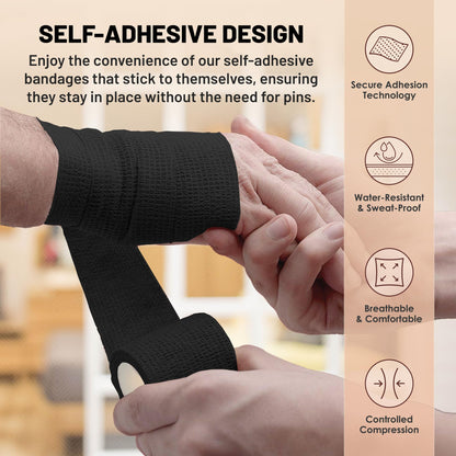 Self-Adherent Cohesive Bandage - Black Medical Wrap - 6 Rolls 2" Wide x 5 Yards Sports Tape for Medical Use, Sports, First Aid and Helps Protect Skin