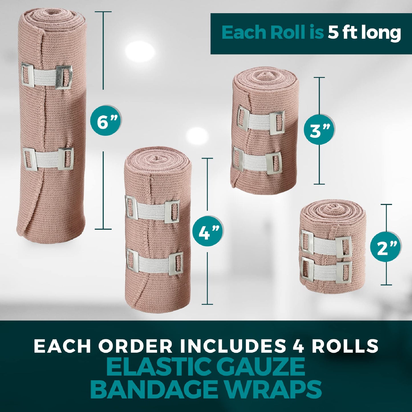 Elastic Compression Bandage Wrap - First Aid Bandages Roll Measures 2", 3", 4", 6" x 5 Ft with 4 Extra Hooks | Athletic Sports Stretch Wraps for Ankle, Wrist, Arm & Leg Sprains (Pack of 4)