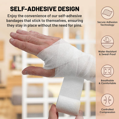 6 Pack, Self Adherent Cohesive Tape - 2” x 5 Yards, Self Adhesive Bandage Rolls & Sports Athletic Wrap for Ankle, Wrist, Knee Sprains and Swelling, Vet Wraps in White Color