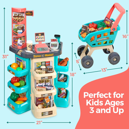 Kids Play Supermarket Set with Scanner - Pretend Play Grocery Shop Set - 47 Piece Complete Playset with Cash Register Credit Card Machine Scanner Shop Trolley and Food Gift for Boys and Girls