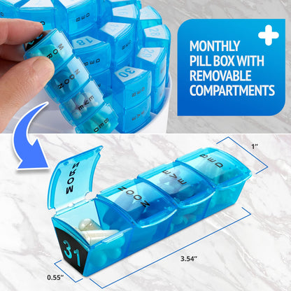 Monthly Pill Box by - Smart Prescription Organization with Multiple Daily Doses Section, Removable Compartments Perfect for Travelling
