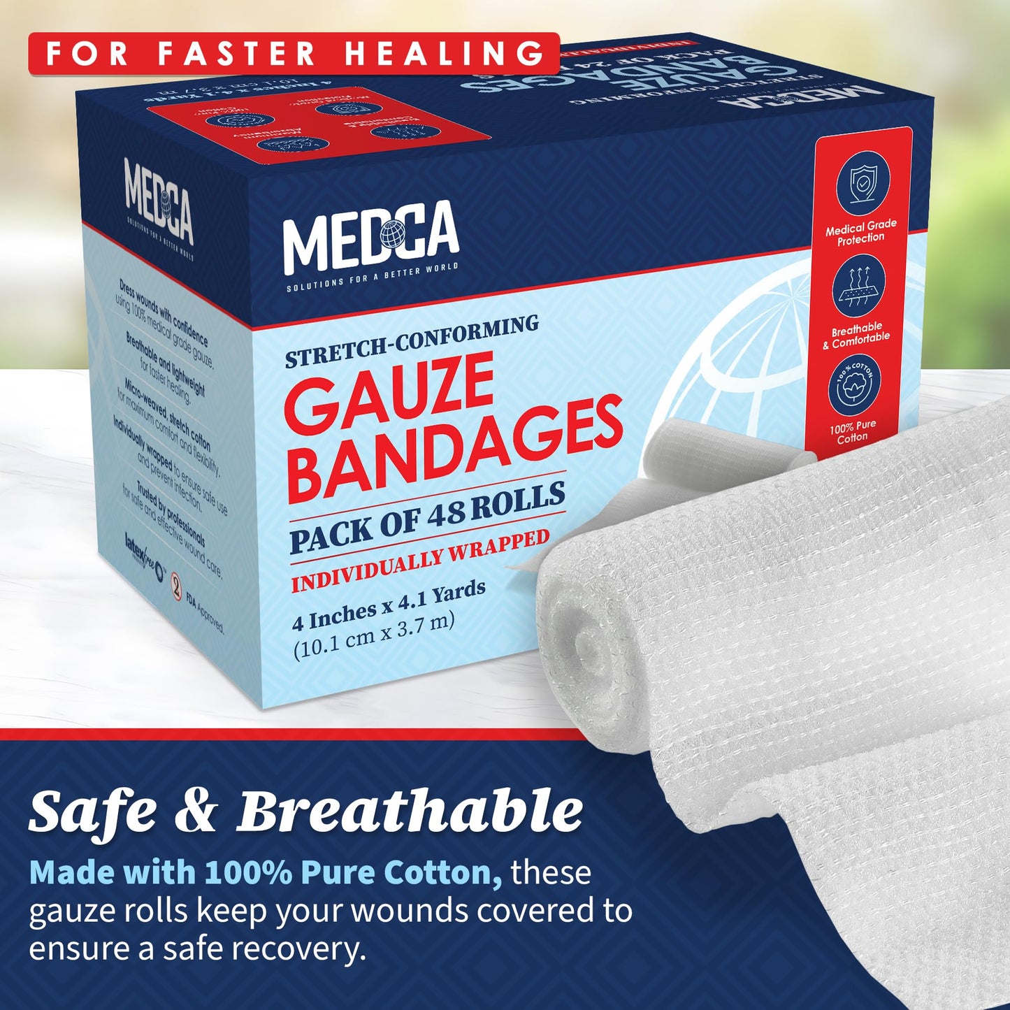 Gauze Bandage Rolls - (48 Pack) 4 in x 4.1 Yards Per Roll of Medical Grade Gauze Bandage and Stretch Bandage Wrapping for Dressing All Types of Wounds and First Aid Kit by, (4-Inch, 48 Pcs)