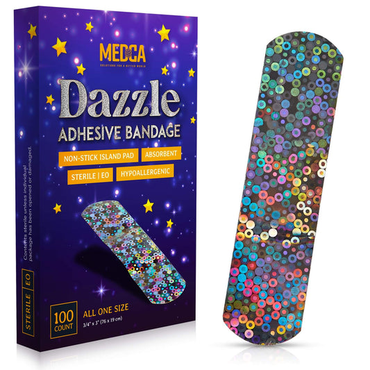 Glitter Bandages for Kids -(100 Count Box) Adhesive Bandage Strips w/ Colorful Glitter Design & Latex-Free Individually 