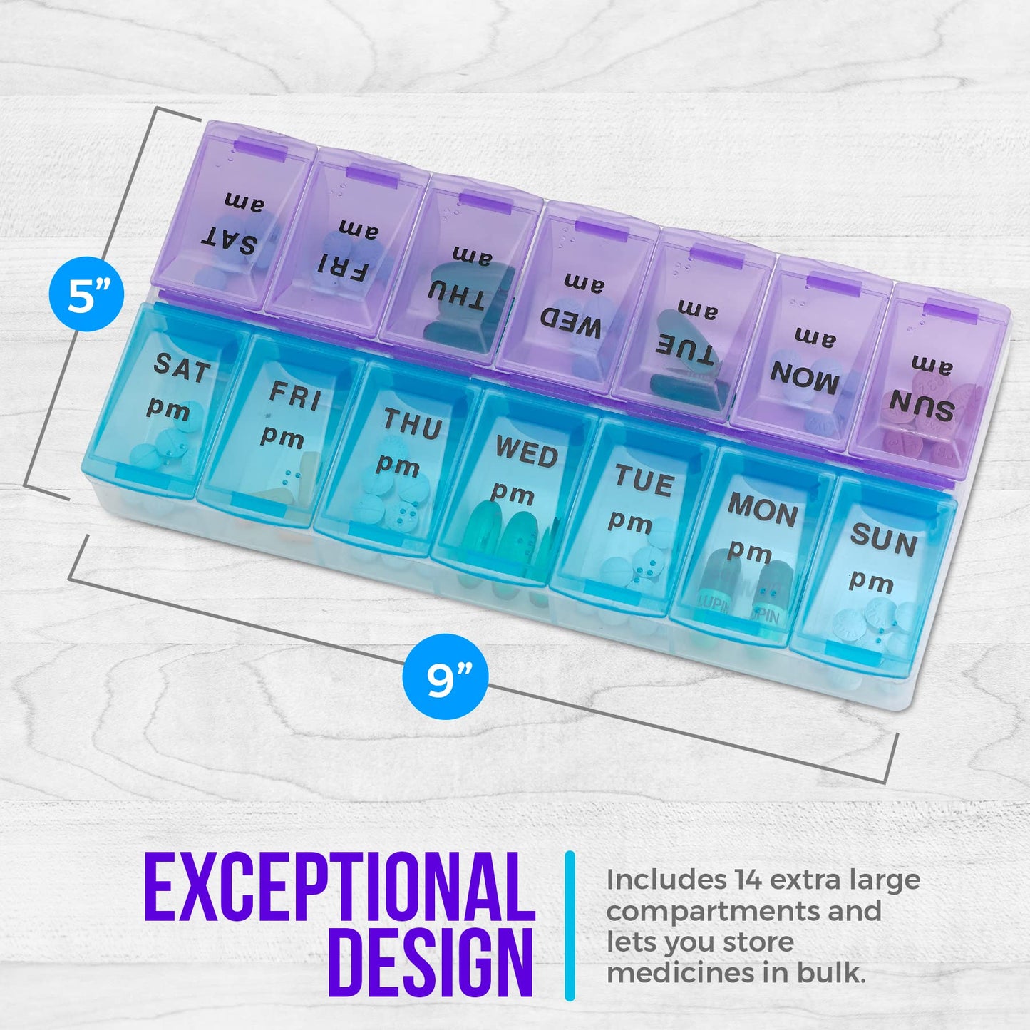 Weekly Pill Organizer, Twice-a-Day, 1 Pill Organizer Extra Large
