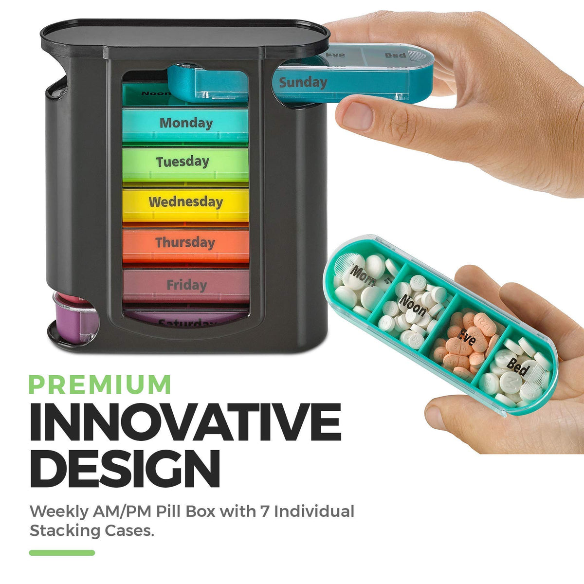 Stackable Daily Pill Organizer - 2 Pack, 4 Times a Day Weekly Medication Reminder - Premium Weekly AM/PM Pill Box with 7 Individual Stacking Cases, a Everyday Medicine Organizer for Vitamins