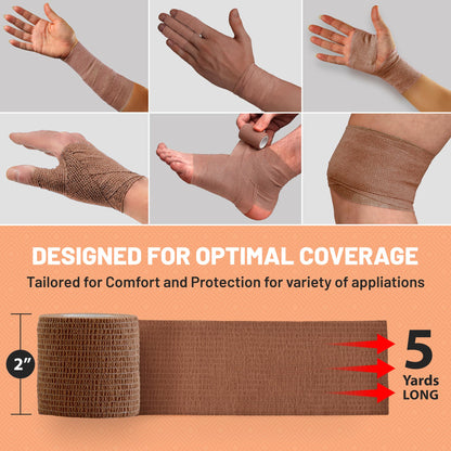 Self Adherent Cohesive Tape - 2" x 5 Yards, 12 Pack (Medium Tan) Self Adhesive Bandage Rolls & Sports Athletic Wrap for Ankle, Wrist, Knee Sprains and Swelling