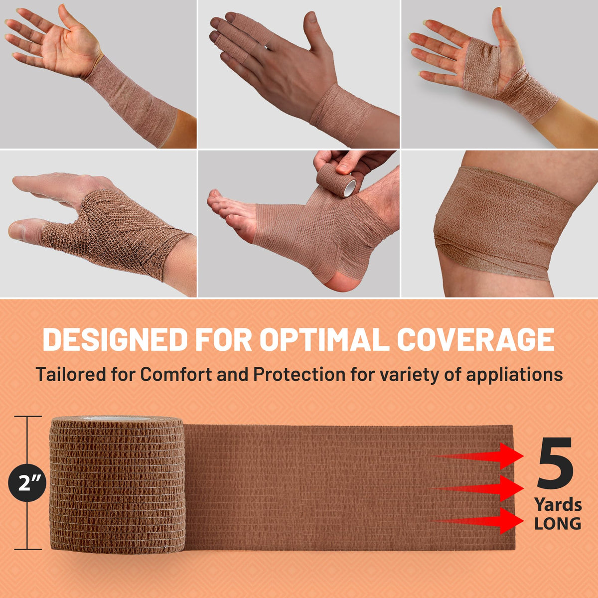6 Pack, Self Adherent Cohesive Tape - 2" x 5 Yards, (Medium Tan Shade) Self Adhesive Bandage Rolls & Sports Athletic Wrap for Ankle, Wrist, Knee Sprains and Swelling
