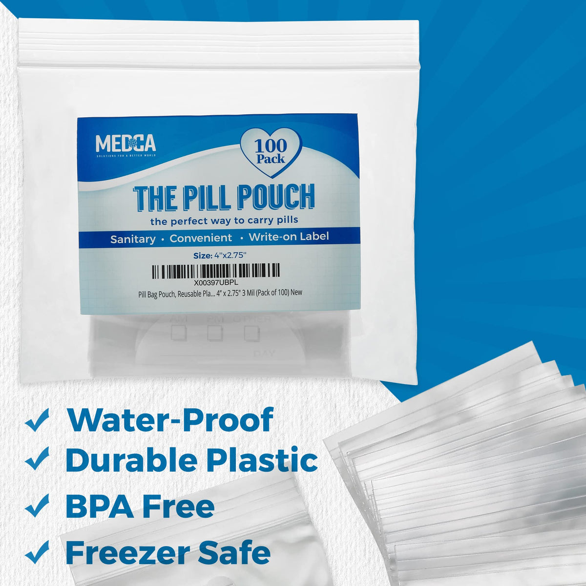 Pill Pouch Bags - (Pack of 100) 4'' x 2.75" - 3 Mil BPA-Free, Poly Bag Disposable Zipper Pills Baggies, Daily AM PM Travel Medicine Organizer Storage Pouches, Best Clear Reusable with Write-on Labels