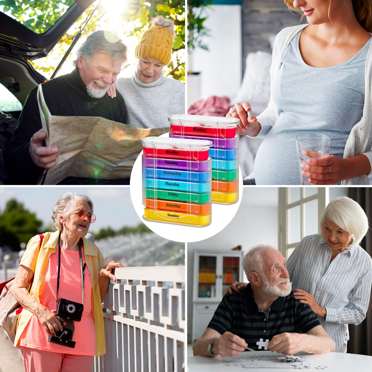 Weekly Pill Organizer, Four Times-a-Day, Pack of 2 Dispensers with Stackable AM/PM Compartments