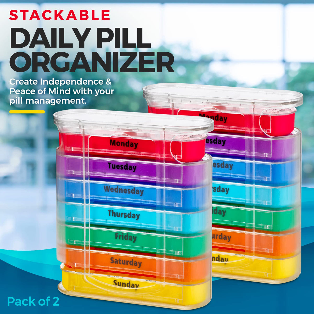 Weekly Pill Organizer, Four Times-a-Day, Pack of 2 Dispensers with Stackable AM/PM Compartments