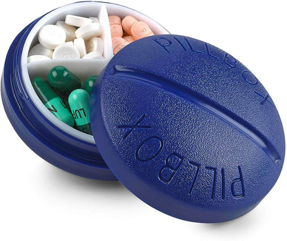 Pill Box Round for Travel - Mini Compact Portable 4 Compartment Pills Case Organizer, Vitamin and Medication Dispenser H