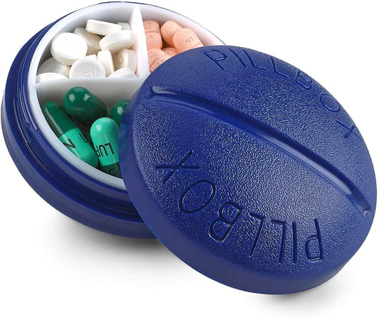 Pill Box Round for Travel - Mini Compact Portable 4 Compartment Pills Case Organizer, Vitamin and Medication Dispenser H