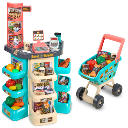 Kids Play Supermarket Set with Scanner - Pretend Play Grocery Shop Set - 47 Piece Complete Playset with Cash Register Cr
