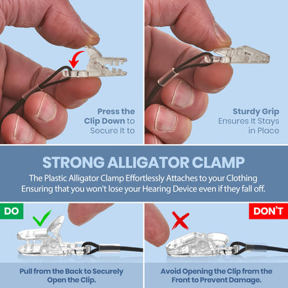 Hearing Aid Clips - Protective Holder with Anti Lost Lanyard Cord - Rope with Loops and Clip and Security Clip Ideal for Behind The Ear Hearing Aids and Personal Sound Amplifiers, (Pack of 2)