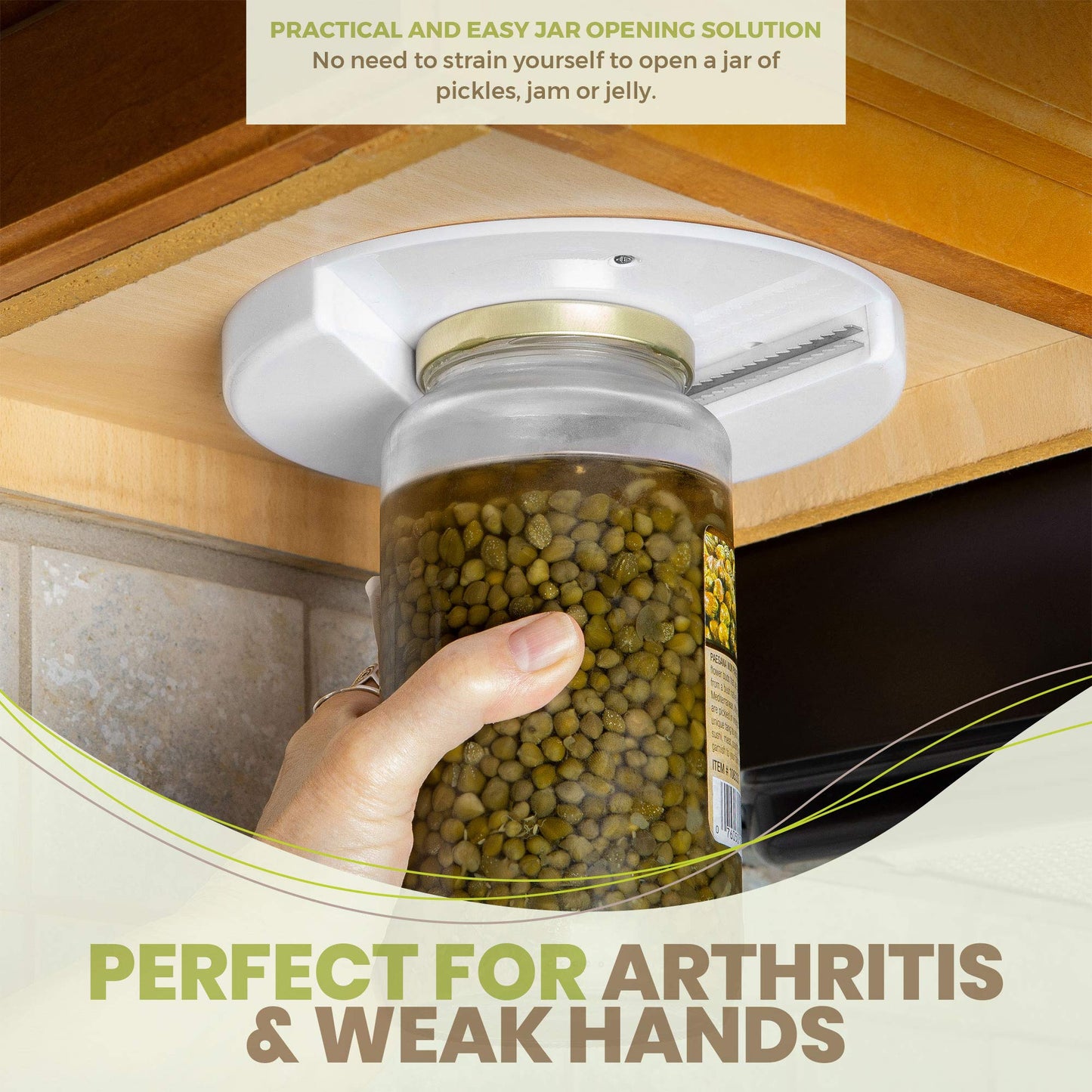 Under Cabinet Jar Opener - Undermount Lid Gripper Tool Easily Grip and Unscrew Multi-Sized Jars, Bottles and Containers - Ideal Kitchen Gadget for Weak Hands and Seniors with Arthritis