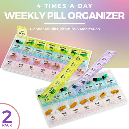 Pill Organizers - (40 Pack Bulk) Large Pill Organizer with Weekly and Daily 4-Times-A-Day Compartments for Morning, Noon, Evening, Night - BPA-Free, Portable and Travel Friendly Pill Boxes Case