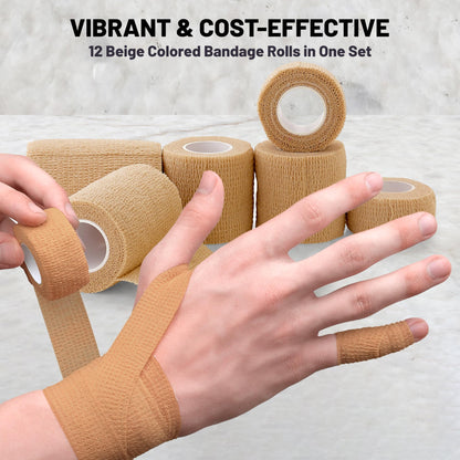 Self Adherent Cohesive Tape - (Pack of 12)1” 2" 3" x 5 Yards, (Light Tan) Self Adhesive Bandage Rolls & Sports Athletic Wrap for Ankle, Wrist, Sprains