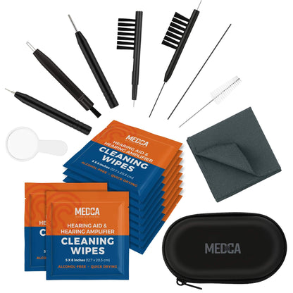 Hearing Aid Cleaning Kit - 20 Piece Tool Set with Case, 10 Hearing Aid Cleaner Wipes, and Magnifying Glass for Hearing A