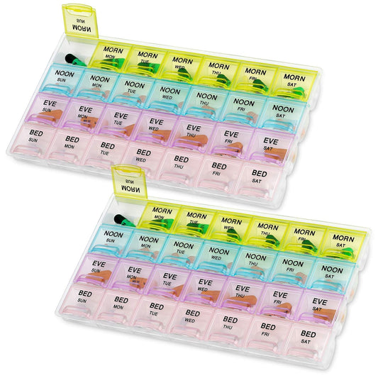 Pill Organizers - (2 Pack) Large Pill Organizer with Weekly and Daily 4-Times-A-Day Compartments for Morning, Noon, Even