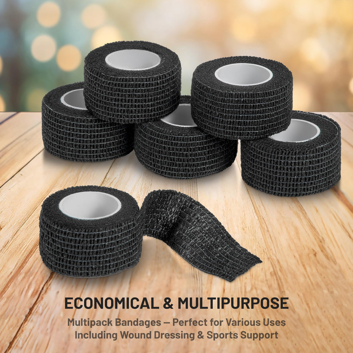 Self-Adherent Cohesive Bandage - Pack of 6 Rolls - 1" Wide x 5 Yards - Athletic Sports Tape for Medical Use, Sports, First Aid and Helps Protect Skin, Black