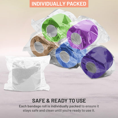 Self Adherent Cohesive Wrap Bandages 2 Inches X 5 Yards 12 Count with Strong Elastic and Colorful First Aid Tape for Sprain Swelling and Sorenes (Rainbow Color)