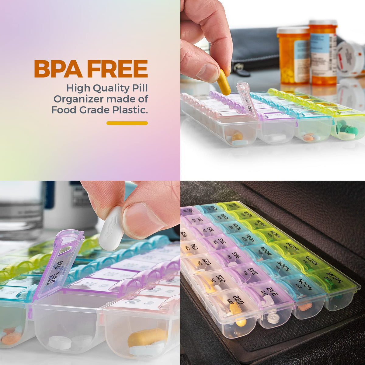 Pill Organizer - Large Pill Organizer with Weekly and Daily 4-Times-A-Day Compartments for Morning, Noon, Evening, Night - BPA-Free, Portable and Travel Friendly Pill Boxes Case