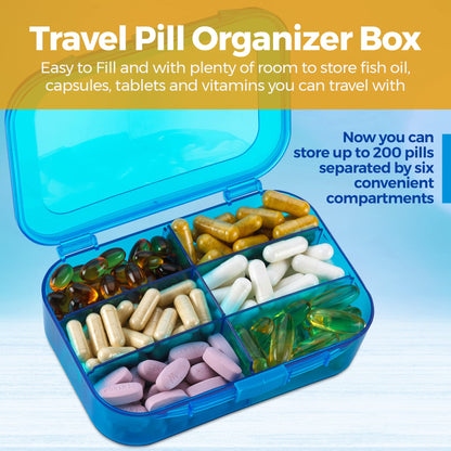 Vitamin Organizer - Travel Pill Organizer Box & 6 Compartment Daily Medicine Case Container for Organizing Your Pills, Medications, Supplements, Vitamins and Fish Oils for Every Day Use by