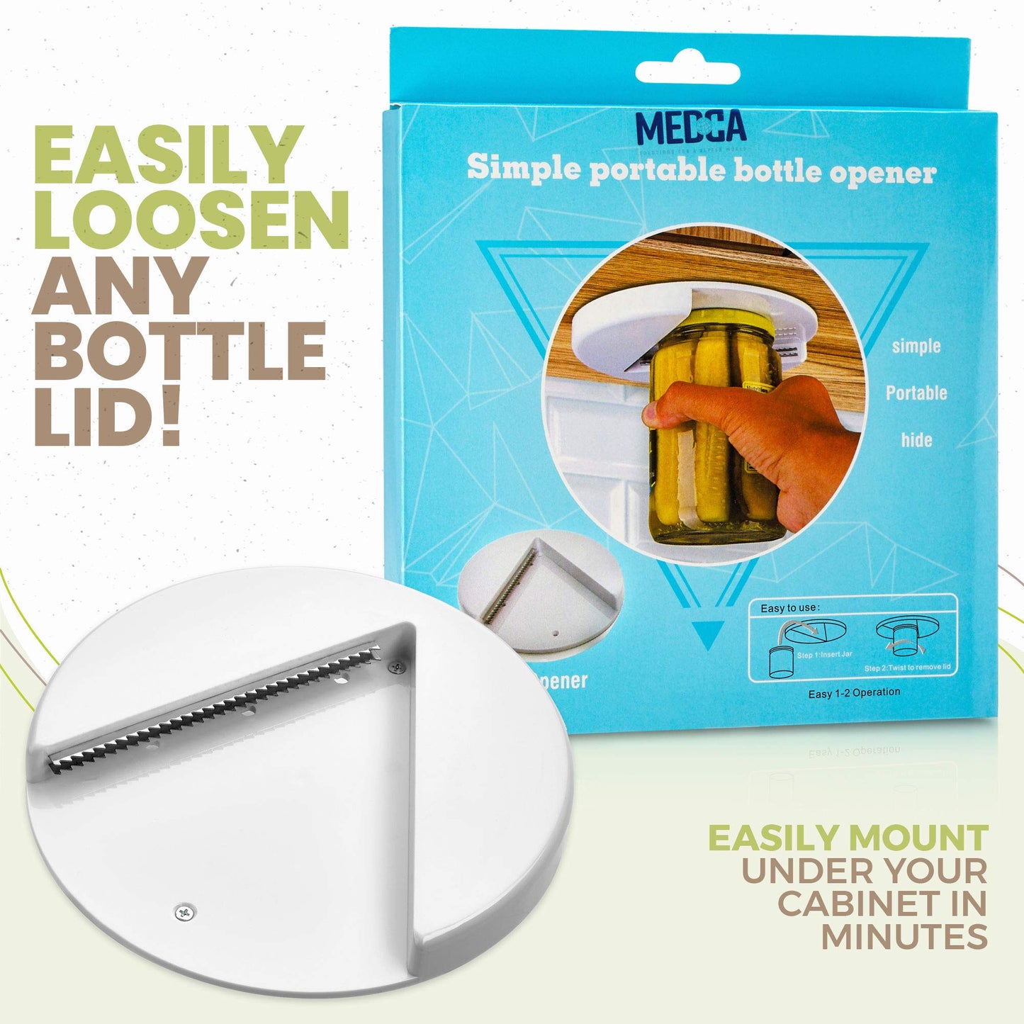 Under Cabinet Jar Opener - Undermount Lid Gripper Tool Easily Grip and Unscrew Multi-Sized Jars, Bottles and Containers - Ideal Kitchen Gadget for Weak Hands and Seniors with Arthritis