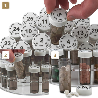 Monthly Pill Bottle Organizer Caddy - 31 Numbered Full-Size Pill Bottles w Child-Proof Lids for Each Day of the Month- Clear Rack and Easy to Use for Daily Dose of Medication Vitamins and Supplements