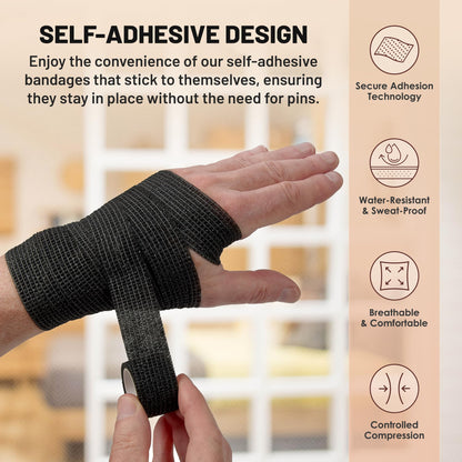 Self-Adherent Cohesive Bandage - Pack of 6 Rolls - 1" Wide x 5 Yards - Athletic Sports Tape for Medical Use, Sports, First Aid and Helps Protect Skin, Black