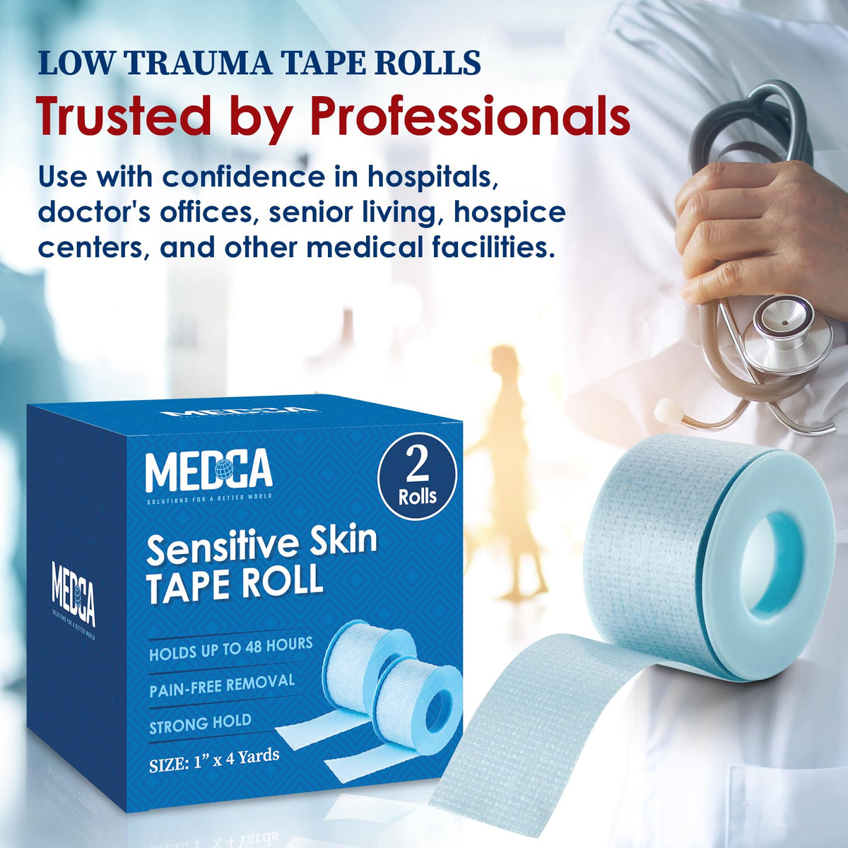Sensitive Skin Low Trauma Tape Rolls - 1 Inch x 4 Yards Blue Tape First Aid Rolls, Minimal Hair Pulling for Wounds, Lash Tape for Eyelash Extensions (Pack of 2)