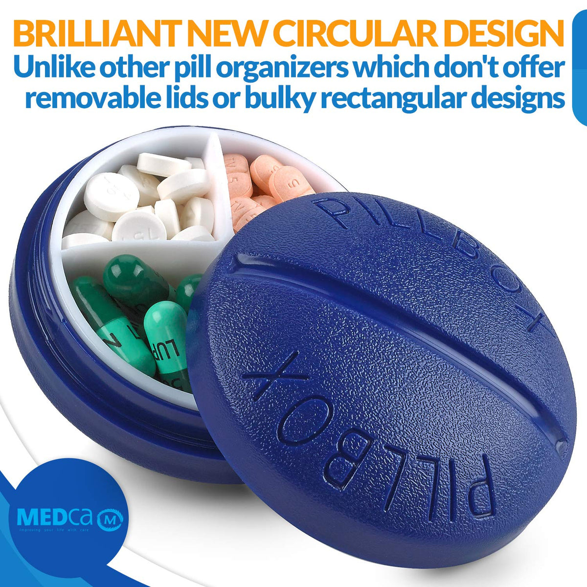 Small Pill Boxes - Pack of 2 - Mini Compact Round Portable 4 Compartment Travel Pills Case Organizer, Vitamin and Medication Dispenser Holder for Up to 4 Times a Day, BPA Free Pill Reminder