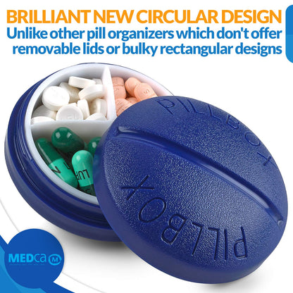Small Pill Boxes - Pack of 2 - Mini Compact Round Portable 4 Compartment Travel Pills Case Organizer, Vitamin and Medication Dispenser Holder for Up to 4 Times a Day, BPA Free Pill Reminder