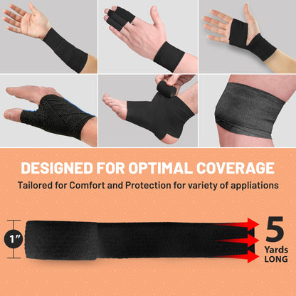 Self-Adherent Cohesive Bandage - (12 Count) - 1" Wide x 5 Yard Rolls - Athletic Sports Tape for Medical Use, Sports, First Aid and Helps Protect Skin, Black