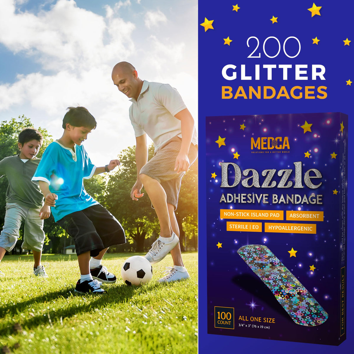 Glitter Bandages for Kids -(200 Count Box) Adhesive Bandage Strips w/Colorful Glitter Design & Latex-Free Individually Wrapped Strips for First Aid, Wound Care, Minor Cuts