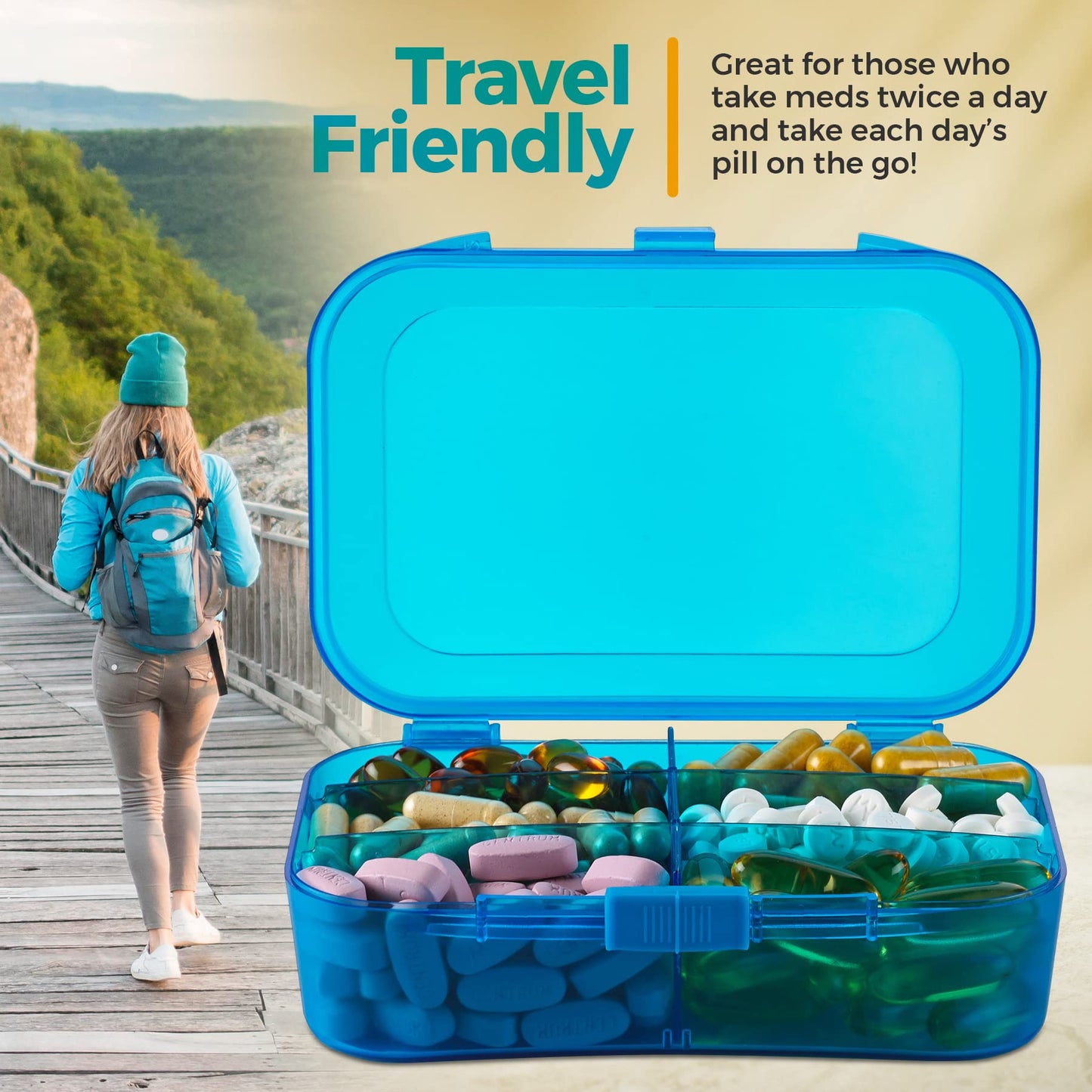 Vitamin Organizer - Travel Pill Organizer Box & 6 Compartment Daily Medicine Case Container for Organizing Your Pills, Medications, Supplements, Vitamins and Fish Oils for Every Day Use by