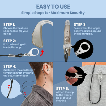 Hearing Aid Clips - Protective Holder with Anti Lost Lanyard Cord - Rope with Loops and Clip and Security Clip Ideal for Behind The Ear Hearing Aids and Personal Sound Amplifiers, (Pack of 2)