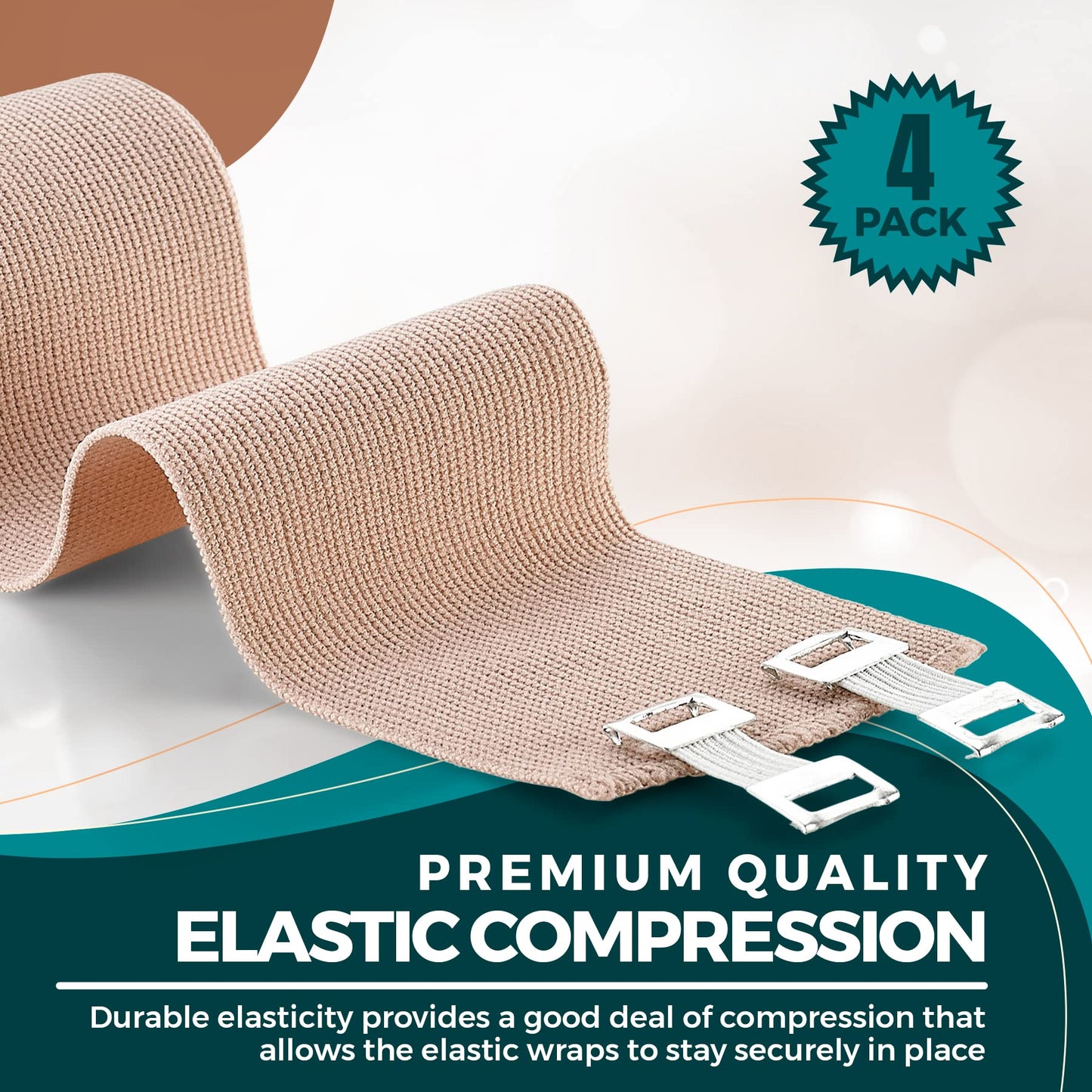 Elastic Compression Bandage Wrap - First Aid Bandages Roll Measures 2", 3", 4", 6" x 5 Ft with 4 Extra Hooks | Athletic Sports Stretch Wraps for Ankle, Wrist, Arm & Leg Sprains (Pack of 4)