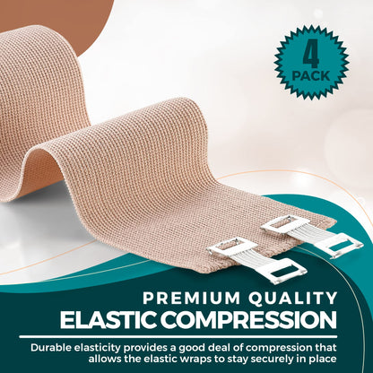 Elastic Compression Bandage Wrap - First Aid Bandages Roll Measures 2", 3", 4", 6" x 5 Ft with 4 Extra Hooks | Athletic Sports Stretch Wraps for Ankle, Wrist, Arm & Leg Sprains (Pack of 4)