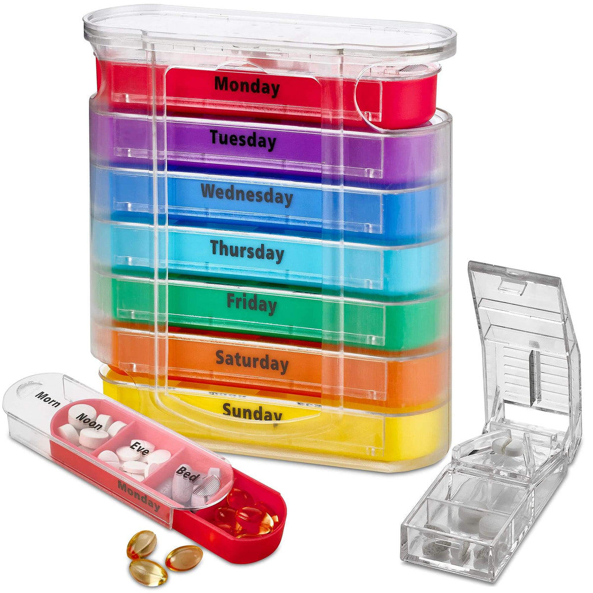 Weekly Pill Organizer with Pill Cutter - V-Grip Pill Splitter Stackable Pill Medicine, Vitamin Organizer with 4 Times-a-