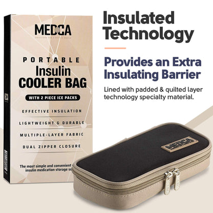 Insulin Cooler Travel Case - Insulated Portable Diabetic Pouch with 2 Gel Ice Packs - Reusable Lightweight & Durable Organizer Bag Cooler for Medications Diabetes Pen, and Supplies, (Black & Tan)
