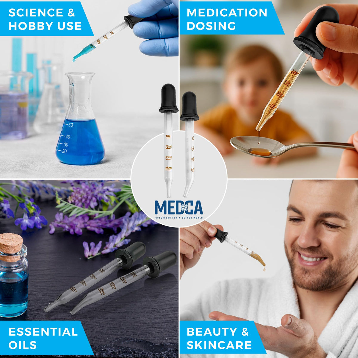 Eye Dropper - (Pack of 2) Bent & Straight Tip Calibrated Glass Medicine Droppers for Medications or Essential Oils Pipette Dropper for Accurate Easy Dose and Measurement (1 mL Capacity)